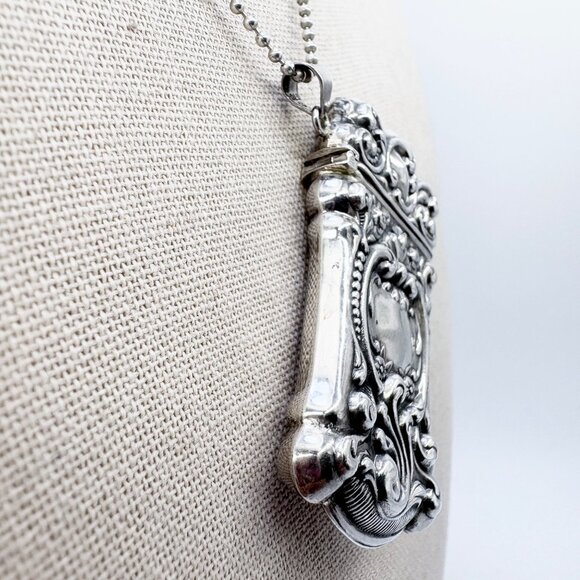 Antique Sterling Silver Repoussé Scroll Design Match Box Pendant 30" Ball & Pin - Picture 4 of 16